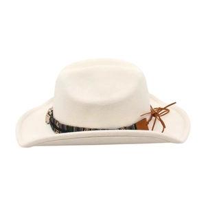 Detail of white wool fedora hat with ethnic woven band and brown leather tassel