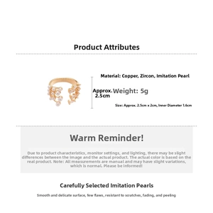 Detailed size and material specification chart for the zircon and pearl open ring