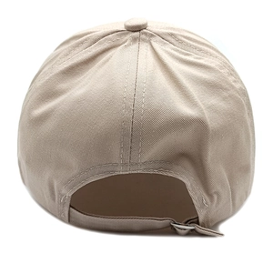 Detail view of khaki baseball cap featuring 6-panel crown and adjustable metal buckle