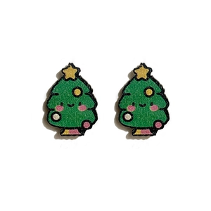 Detailed close-up of green wooden Christmas tree earrings with a star and colorful ornaments