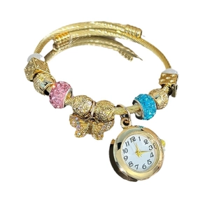 Gold charm bracelet watch with butterfly pendant and colorful sparkling crystal beads