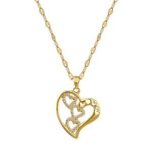 Gold interlocking heart necklace with LOVE pendant and sparkling zircon accents