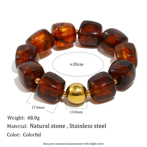 Retro acrylic square beads bracelet with stainless steel gold ball and natural stone