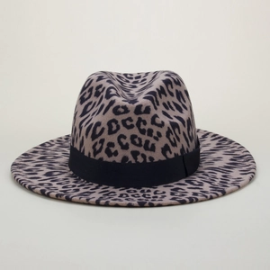 Detailed view of leopard print wool fedora with wide brim and dark grosgrain ribbon trim