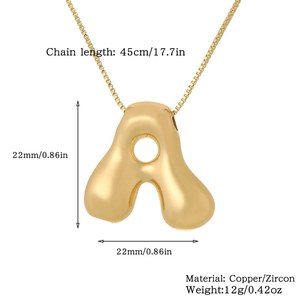 Detail view of 22mm golden letter A pendant with 45cm chain and size specifications