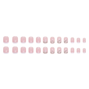 Short square pink French press-on nails set with delicate white flower patterns
