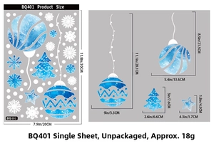 Size specifications of blue Christmas static window decals with hanging ornaments and stars