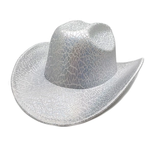 Detailed view of silver sequin cowboy hat with sparkling crushed ice texture for parties