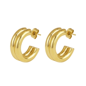 French vintage style C-shape double-ribbed hoop earrings in polished gold-plated finish