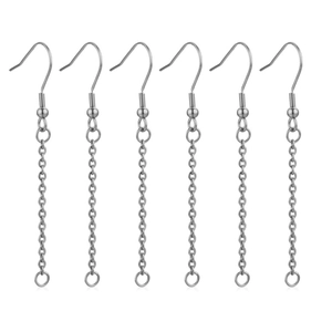 Detail of six silver stainless steel earring hook extenders with tassel chains for DIY jewelry