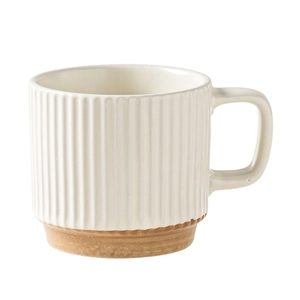 Minimalist cream white ceramic mug with vertical ribbed texture and brown clay base