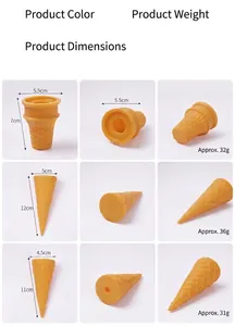 Vista dettagliata di tre coni gelato artificiali gialli con peso e dimensioni specifiche