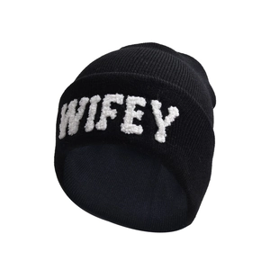 Women's black knit beanie hat with white WIFEY letter embroidery for winter warmth