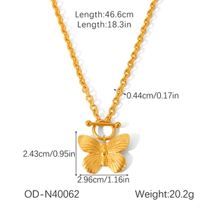 Detailed dimensions of gold butterfly pendant necklace with T-bar toggle clasp and chain length