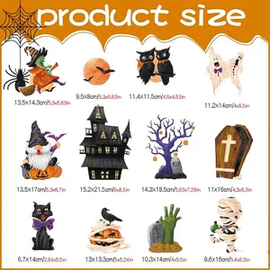 Size guide for 12 Halloween magnetic stickers featuring gnomes, skeletons and ghost motifs