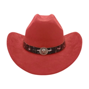 Close-up of red cowboy hat with black band and silver lion head metal emblem detail