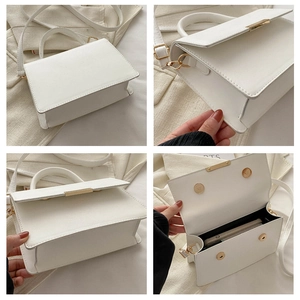Detail shots of white rectangular handbag with gold metal clasp and interior space