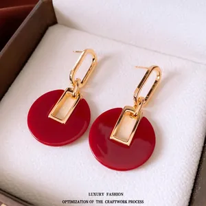 18K gold-plated geometric round drop earrings with wine red resin pendants for women