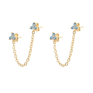 Vintage gold clover chain earrings with light blue zircon stones for double piercings
