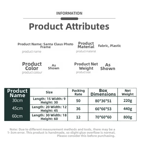 Size chart showing height and weight specifications for Santa Claus Christmas dolls