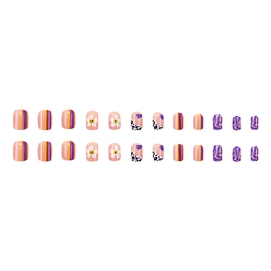 Colorful 24pcs press-on nails set featuring daisy floral and cow print patterns