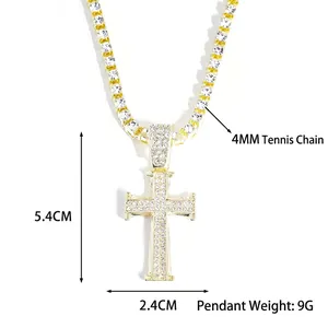 Gold-plated hip hop cross necklace with tennis chain and sparkling rhinestones