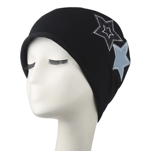 Streetwear black knit beanie featuring gray star embroidery on a minimalist white background