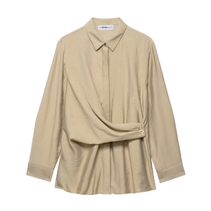 Khaki two-piece set featuring long sleeve shirt with gold buttons and wide leg pants
