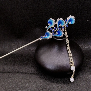 Vintage Chinese Style Hair Stick Blue Enamel Auspicious Cloud Alloy Tassel With Faux Artificial Pearl And Rhinestone Hair Jewelry