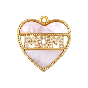 Close-up of heart-shaped gold pendant with MOM lettering and white mother-of-pearl