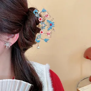 Pic À Cheveux Papillon Fleur En Émail Avec Künstliche Perle Style Hanfu Chinois Rétro Épingle À Cheveux Élégante En Alliage