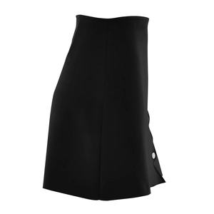 Detail shot of the side slit and large silver buttons on the black suede mini skirt