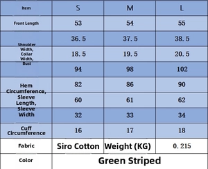 Size chart table for striped mercerized cotton polo knit shirt with detailed measurements