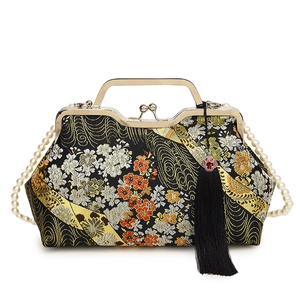 Retro Chinese embroidered shell bag with gold brocade, metal handle and pearl chain