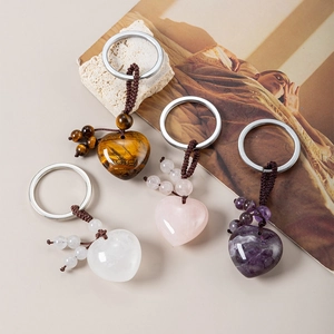 Natural Stone Heart Keychain Pendant Handmade Braided Rope Amethyst Rose Quartz Tiger Eye Obsidian Boho Style