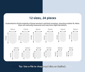 Size guide for square heart press-on nails showing 24 pieces in 12 different dimensions