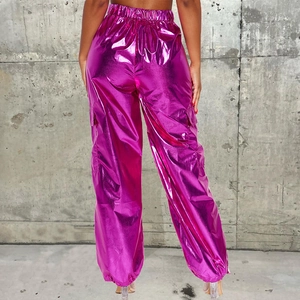 Metallic rose pink cargo jogger pants for women with shiny elastic fabric and ankle cuffs