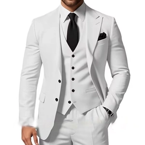 Detailed view of men's slim fit three-piece suit in white with jacket, vest and pants
