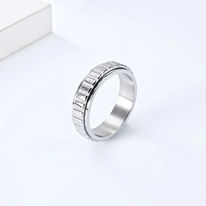 Vue détaillée de la bague rotative argentée avec une texture à rainures verticales