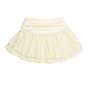 Detailed flat lay of cream pleated mini skirt with side button accents on white background