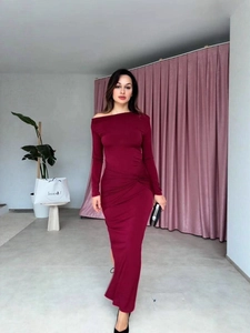 Elegant wine red off-shoulder maxi dress with long sleeves and pleated waist detail