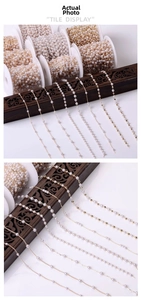 Detail of DIY pearl bead chain with golden accents for handmade jewelry making