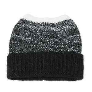 Three-tone gradient knitted beanie with devil cat ears in black grey and white blend