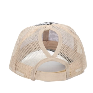Khaki ponytail baseball cap with breathable mesh and elastic criss-cross back design