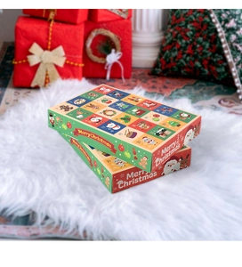 Scene of 24-day Christmas Advent calendar gift boxes on white plush rug with festive decor