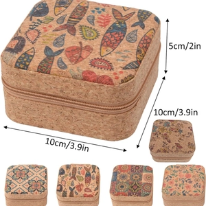 Portable mini cork jewelry box for travel with tropical print and zipper closure