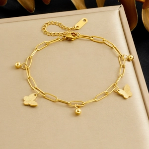 Frosted butterfly pendant bracelet in gold plating with elegant chain and ball details