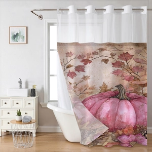 Detail of waterproof shower curtain with pink pumpkin and autumn maple leaf prints