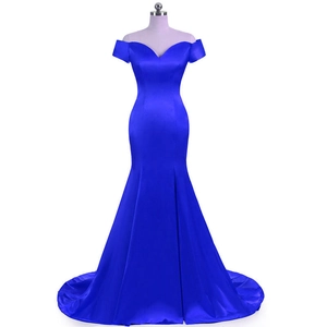 Detail of royal blue satin mermaid dress with off-the-shoulder sweetheart neckline