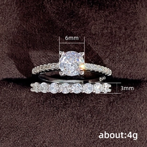 Classic 6mm zircon engagement ring set with eternity band on brown velvet box
